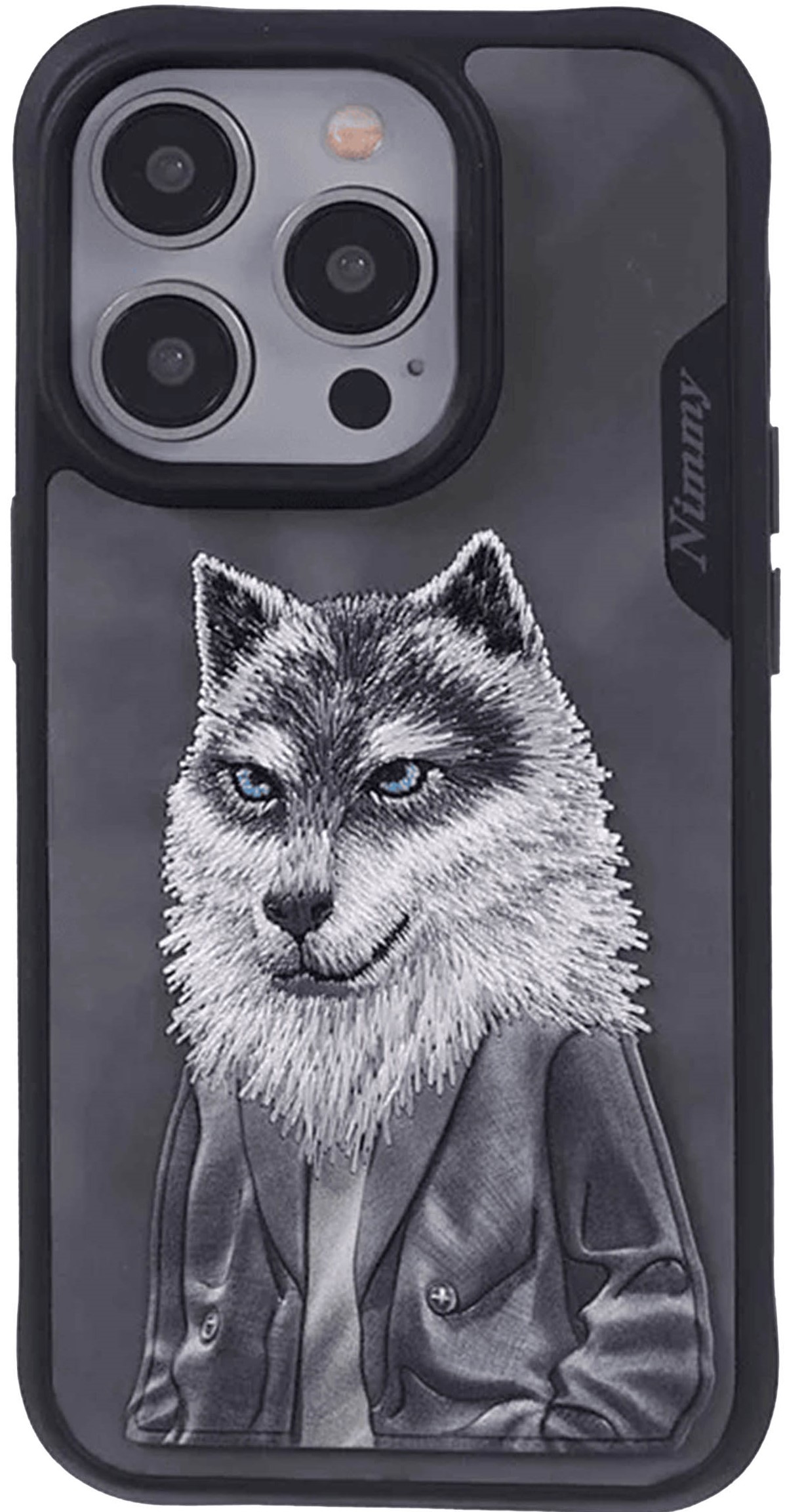Чехол с вышивкой для Apple iPhone 15 Pro Nimmy Волк-Серый