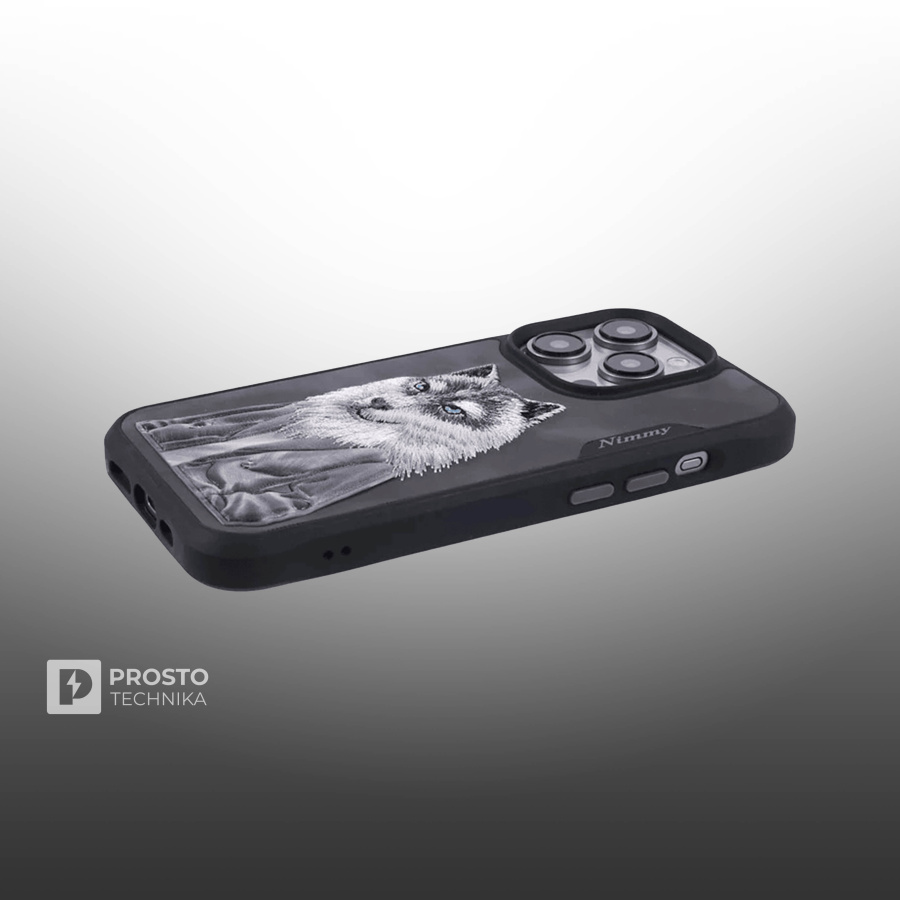 Чехол с вышивкой для Apple iPhone 15 Pro Nimmy Волк-Серый