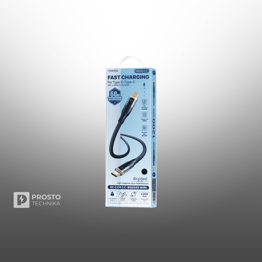 Кабель REMAX Fast charging for Type-C-Type-C, RC-C170 C-C, 1200 mm, черный, 60W