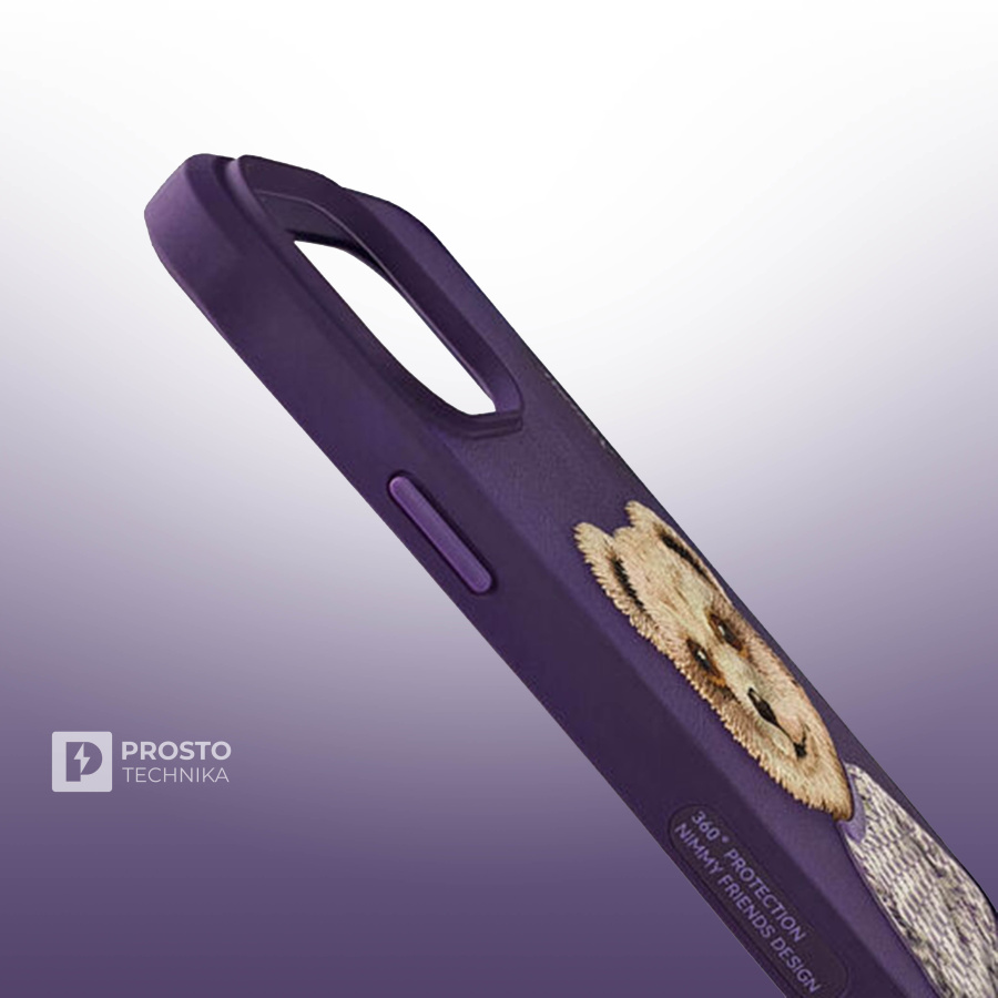 Чехол с вышивкой для Apple iPhone 15 Pro Nimmy Медведь-Фиолетовый